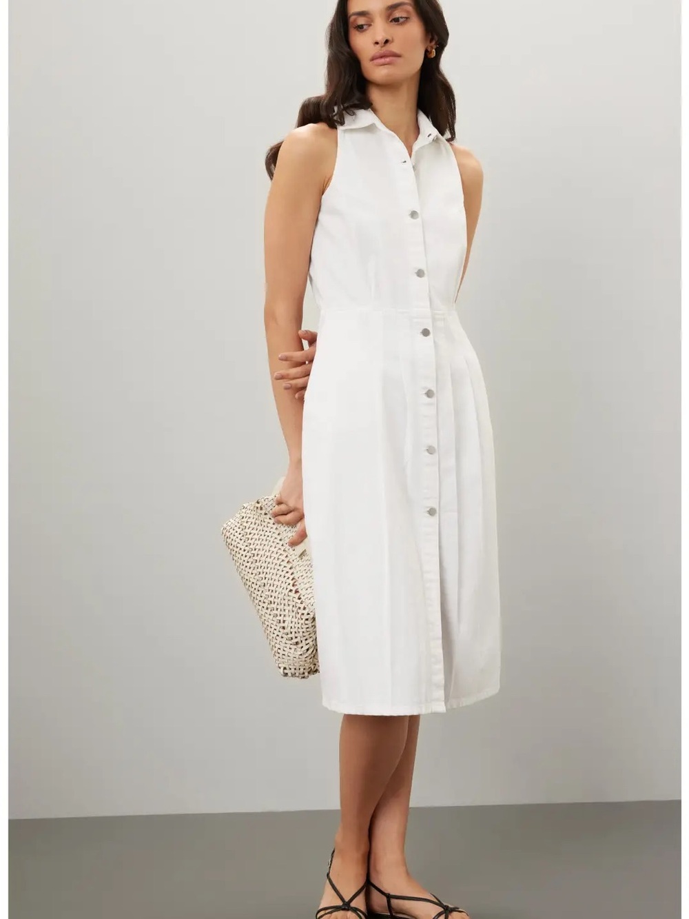 DL1961 Daphne White Denim Sleeveless Button Front Midi Dress
